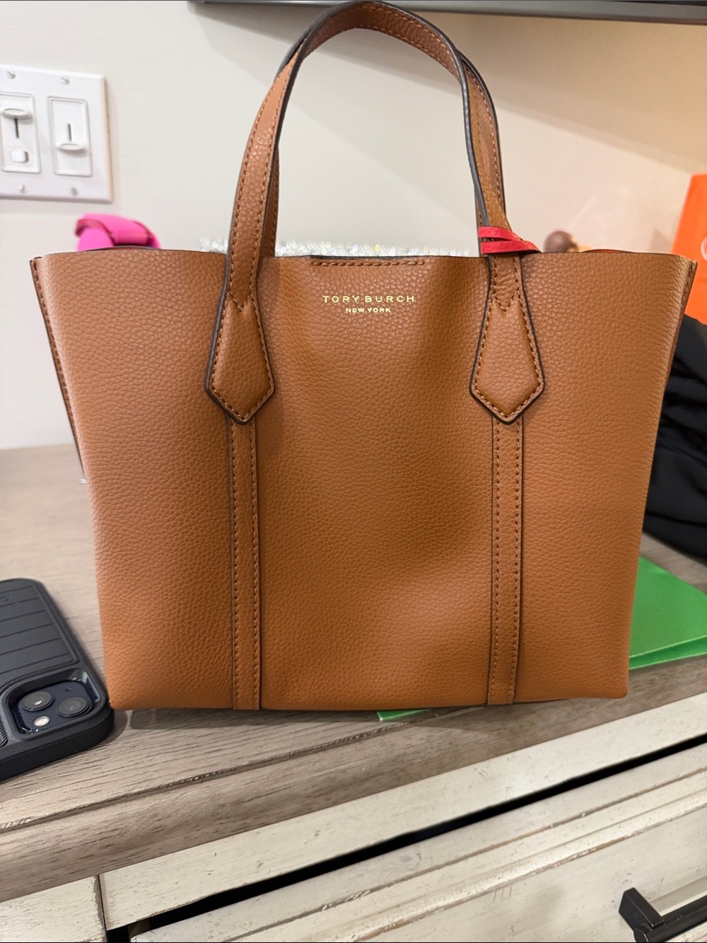 Tory Burch Cognac Pebbled Leather Mini Tote